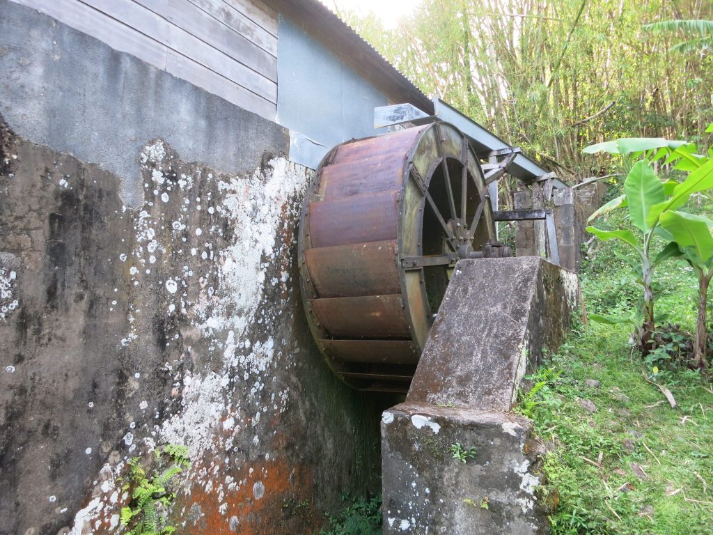 The coffee mill at Vanibel coffee plantation and its water wheel.