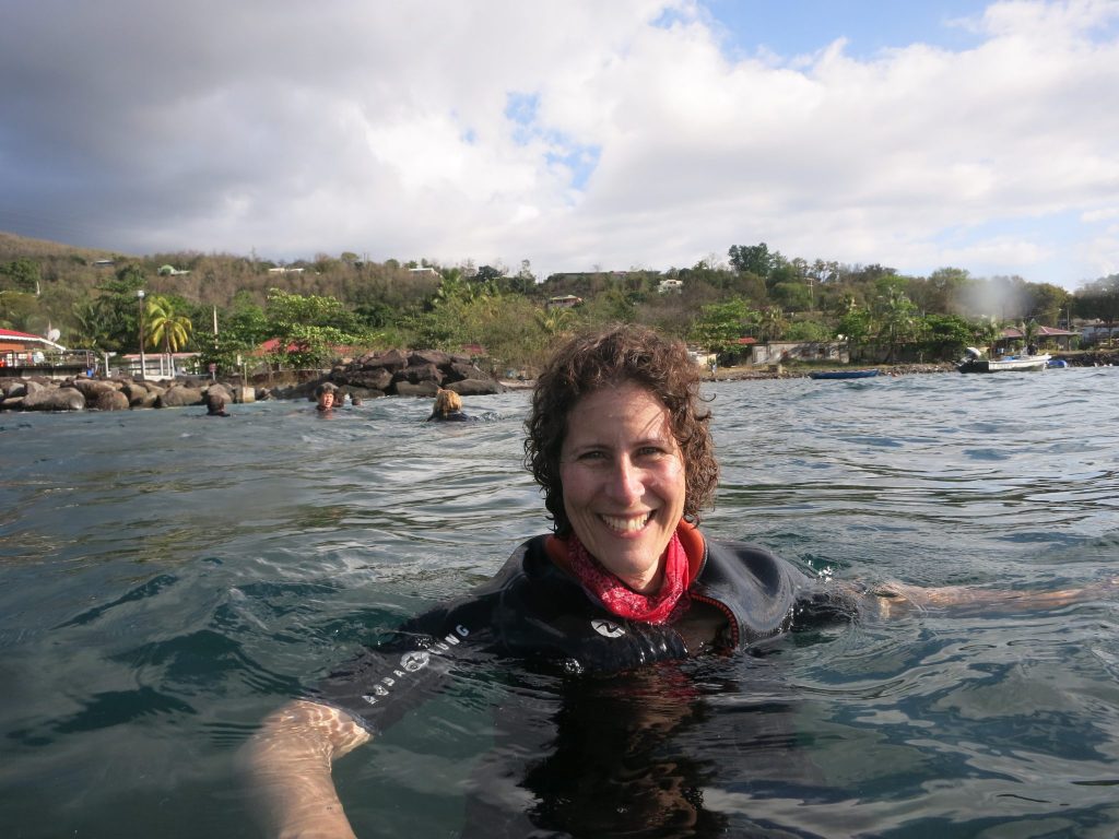 Taken in the water, this shows just my head and shoulders sticking out of the water on a snorkel trip in Guadeloupe.