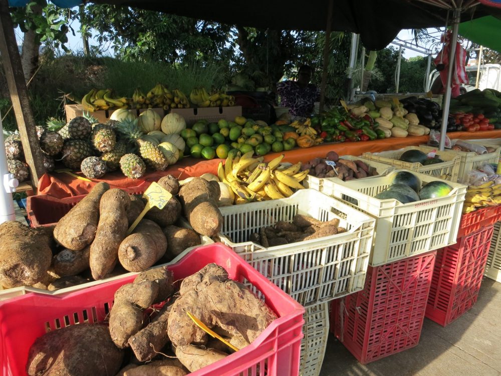 a market stall with a variety of fruit and vegetables in Guadeloupe