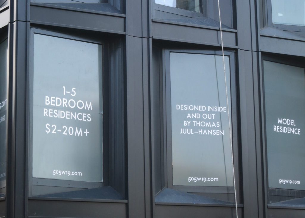 seen from the High Line, a sign in a new apartment building reading "1-5 bedroom residences $2-20M+"