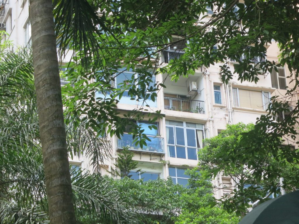 view of a section of a building, seen between trees, where one of the balconies remains, but the rest are closed in with walls of windows.