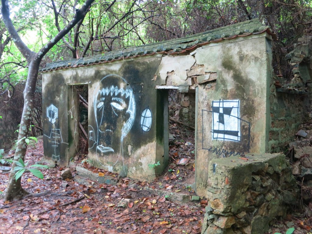 a crumbling house, with graffiti, on Lamma Island