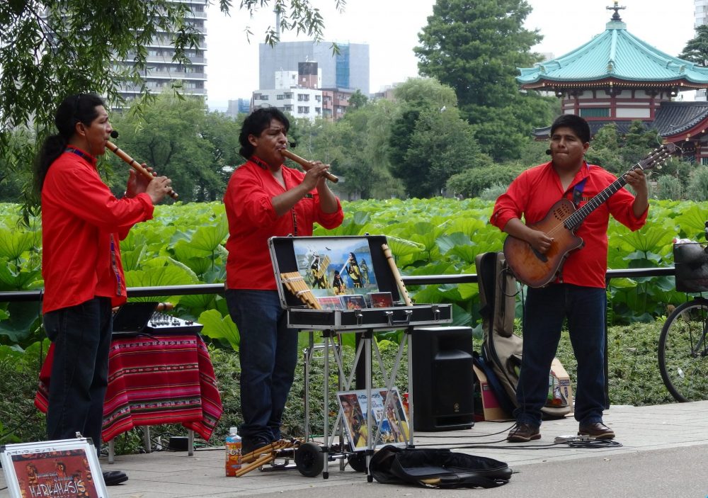 three South American musicians performing in Ueno Park in Tokyo