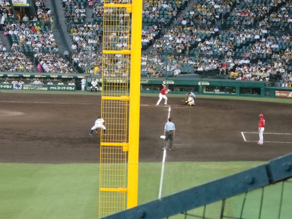 My view down the third base line from my seat at the baseball game between the Hanshin Tigers and the Hiroshima Carp