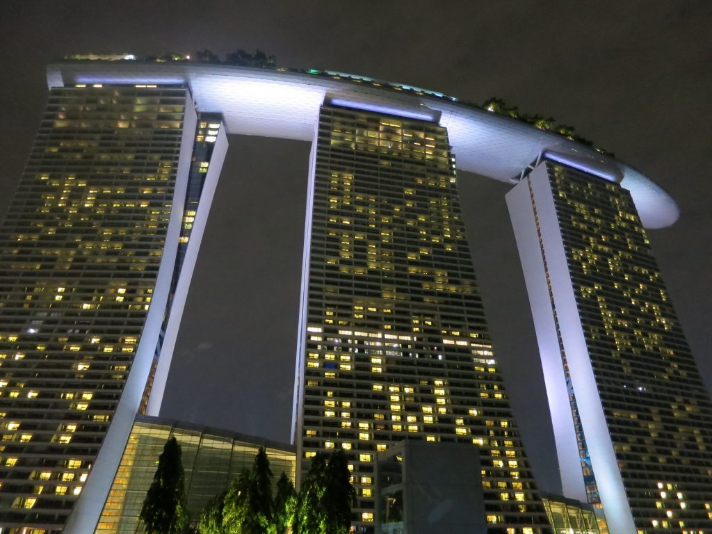 The Marina Bay Sands Hotel in Singapore, with its three futuristic towers topped by restaurants, bar and infinity pool.