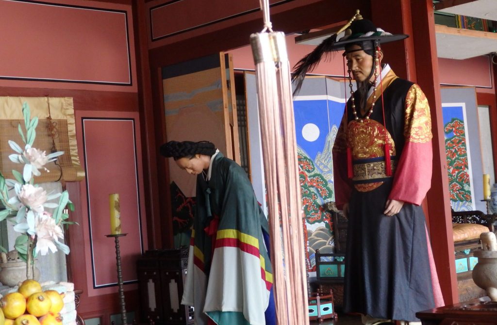 part of one of the set scenes, showing visitors bowing, in the palace in Suwon, South Korea