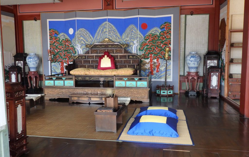 a furnished royal reception room in Hwaseong Haenggung Palace, in Suwon, South Korea