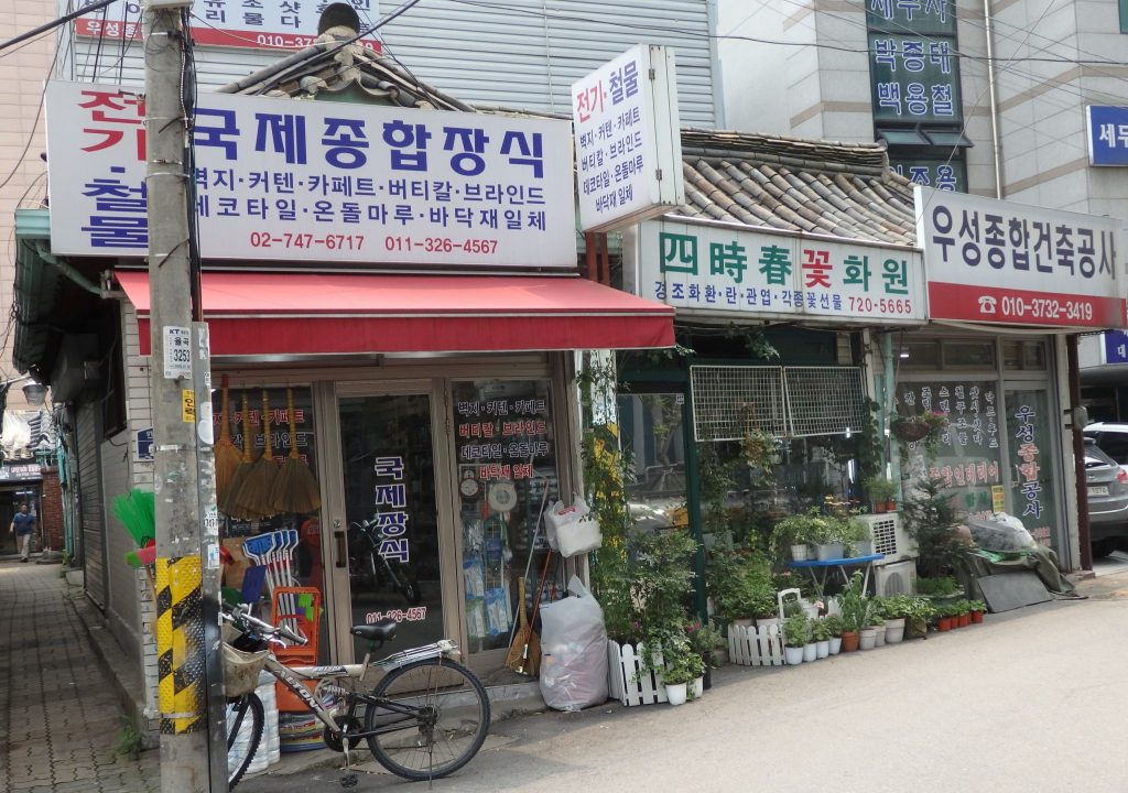 shops in Ikseon Hanok Area: 3 shops with big signs above. Left is housewares, some of which are displayed in front, middle is plants, also with many out front, and it's not clear to me what the third is.