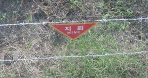 This barbed wire by the side of the road near the DMZ reads simply "MINE."