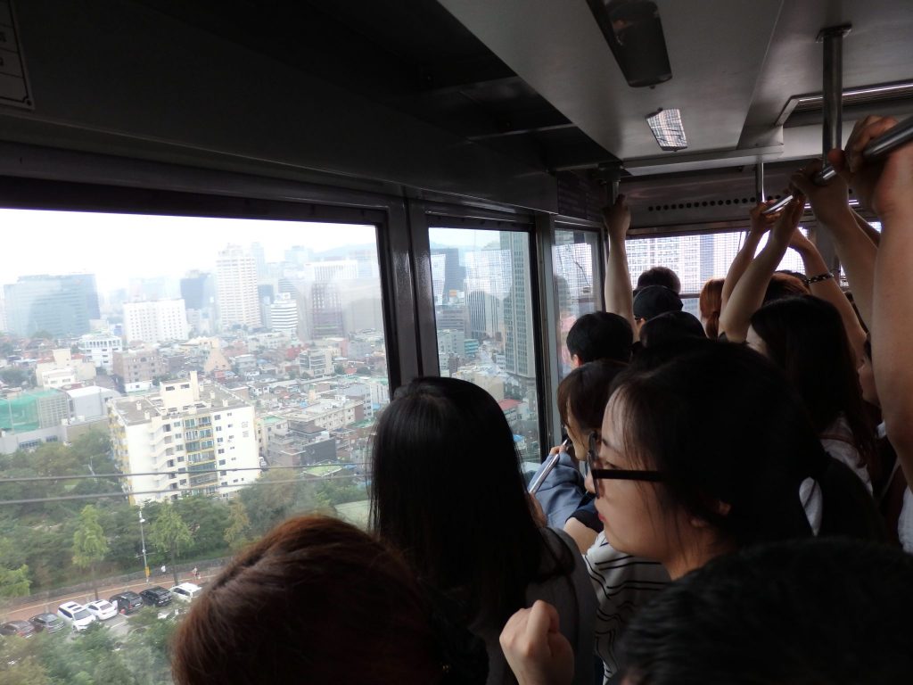 inside the cable car up to Seoul Tower