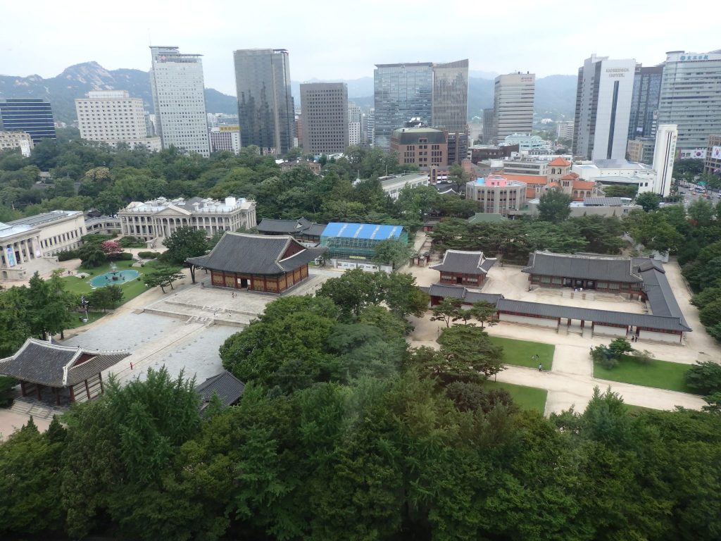 an aerial view of the Deoksugung Palace grounds in Seoul, South Korea