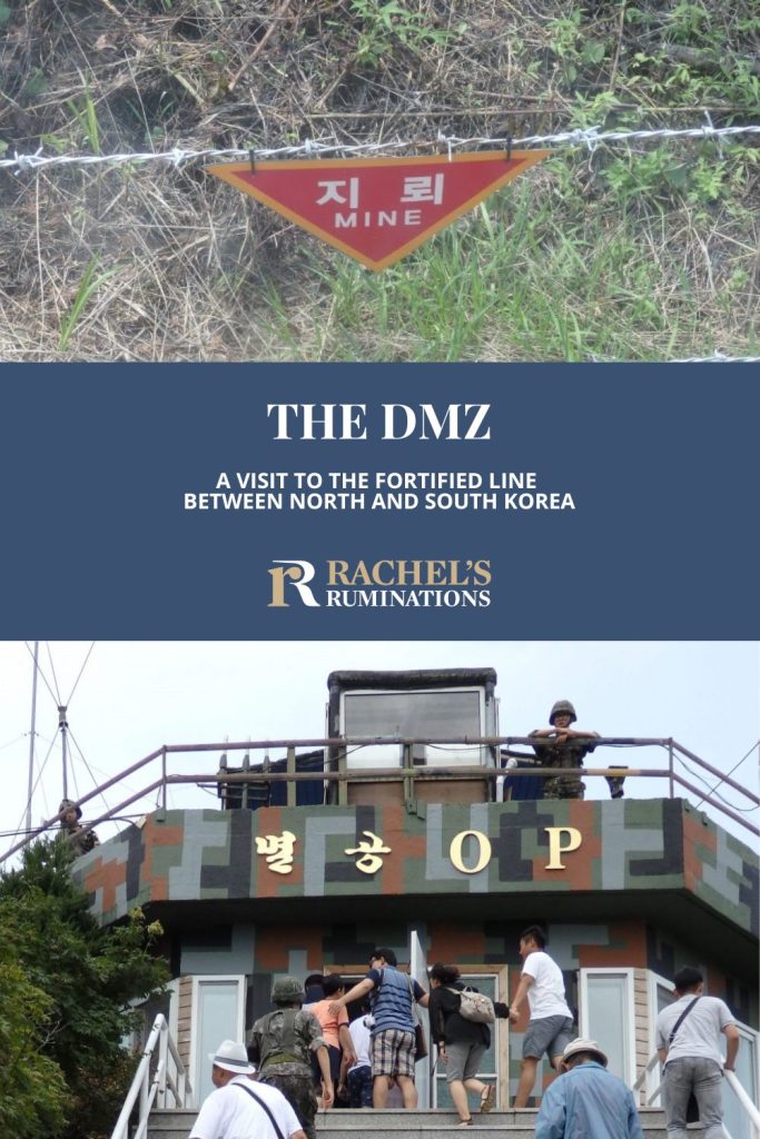 Text: The DMZ: A visit to the fortified line between North and South Korea. Images: above, barbed wire with a sign reading "mine"; below, the guardpost we visited.