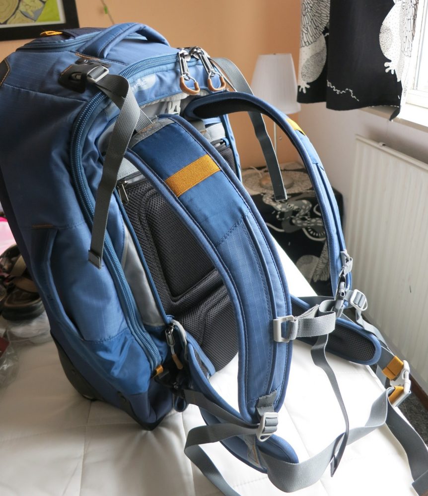 Here is how my Eagle Creek backpack looks with all the straps assembled and clipped into place. It all packs away into a zippered pocket when youre using it as a wheeled bag, but adds significant bulk.