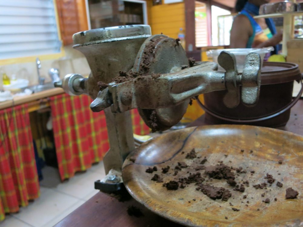 a hand mill used to demonstrate how the cacao is processed into chocolate at La Maison du Cacao in Guadeloupe