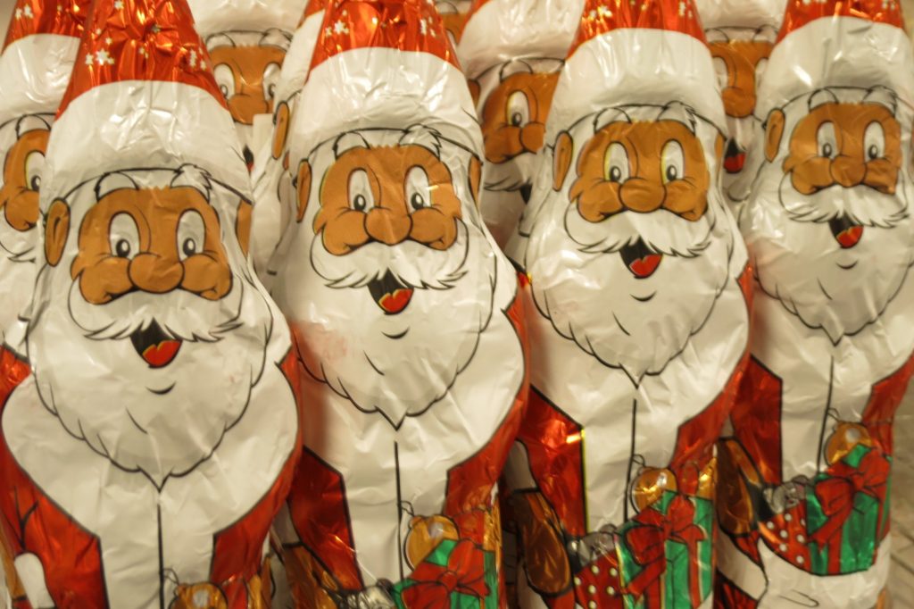 chocolate figures of Santa Claus, being sold in the Netherlands for Christmas