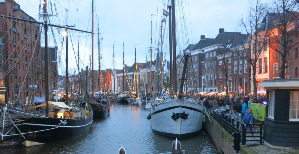 WinterWelVaart last year, at dusk, complete with historic ships in a historic neighborhood of Groningen.