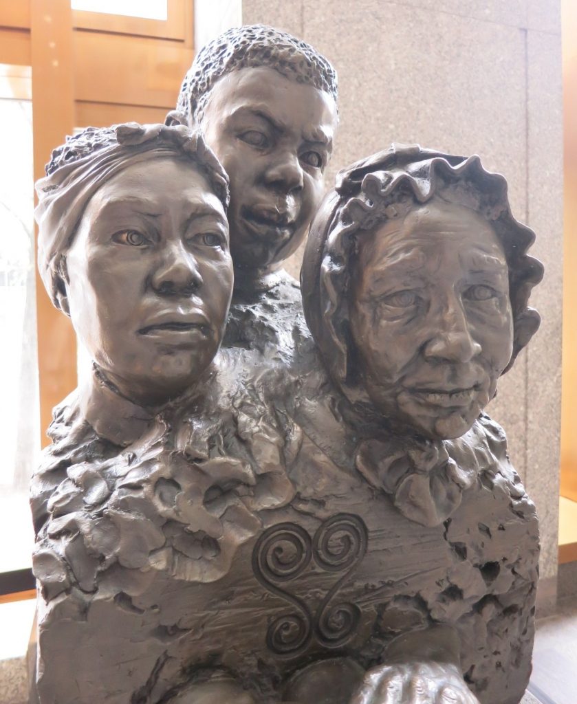 This artwork in the lobby, called "Unearthed" and created by Frank Bender, lends a face to the people buried in the African Burial Ground.