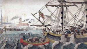 a lithograph of the Boston Tea Party