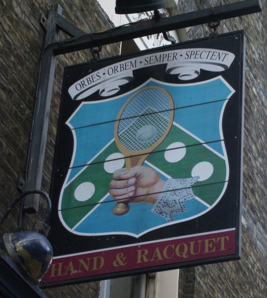 The sign for the Hand and Racquet pub in London