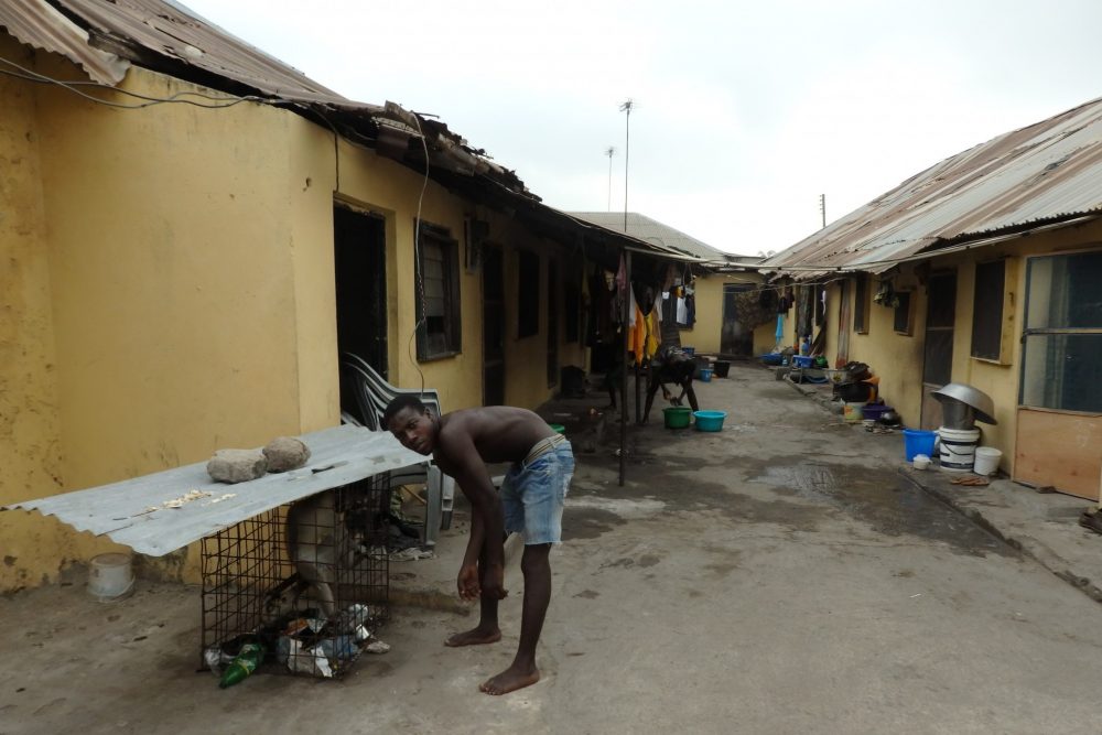 Looking down a dirt alleyway between the former warehouse rows of rooms: single story, with metal roofs. It's clear in the picture that people are living here: pots and pans and buckets sit outside each doorway. In the background a woman is busy cleaning something in a plastic tub on the ground. On the left, in front, a young man in shorts without a shirt leans over to a cage covered in metal sheeting; there's a monkey inside. the young man looks at me, not the monkey.