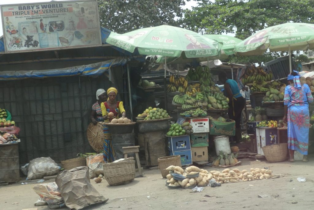 makeshift market stalls along the road in Lagos, Nigeria