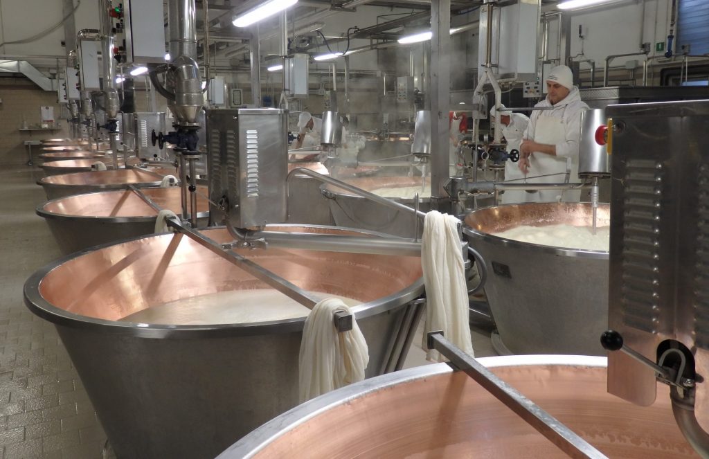 A row of vats with copper insides stretch in a row into the background. Each has a machine above it and bars across its open top. Italian Days food tour