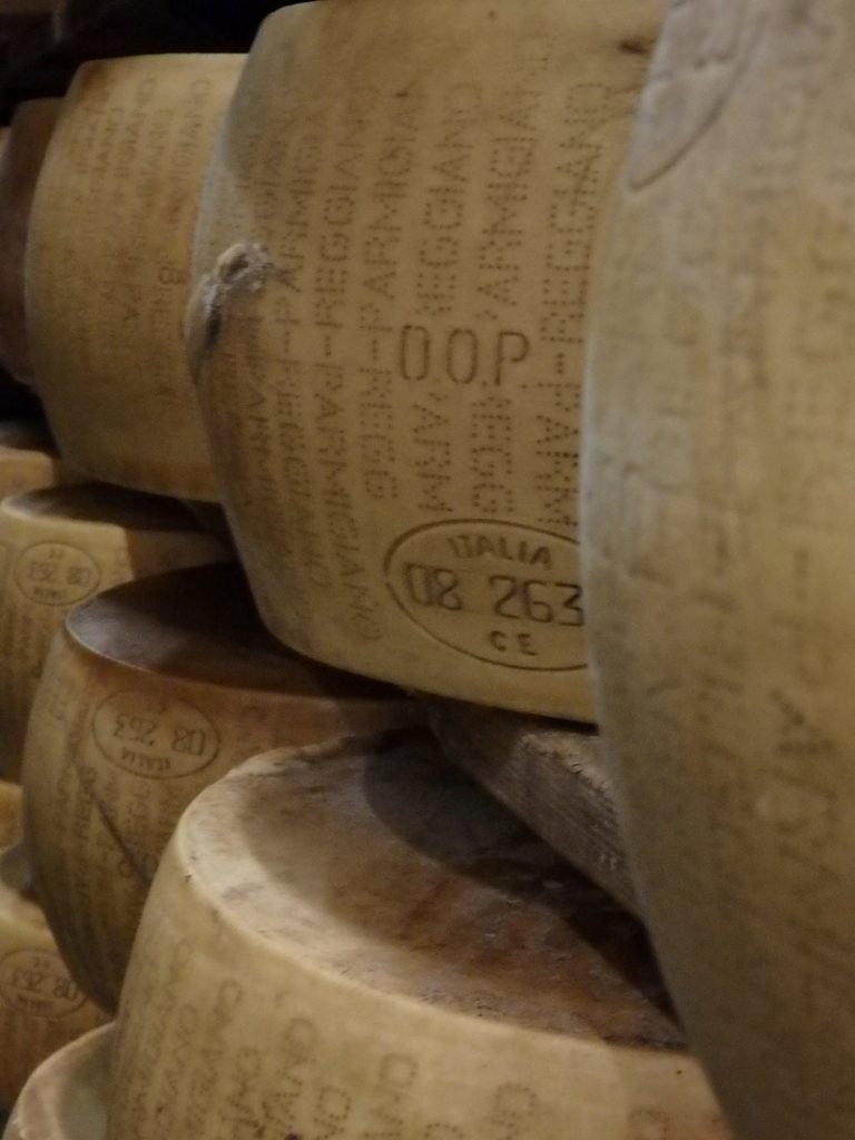 wheels of Parmigiano Reggiano on the aging shelves, seen on the Italian Days Food Tour
