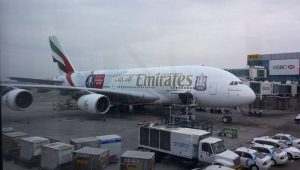 an Emirates A80 being unloaded at Schiphol airport