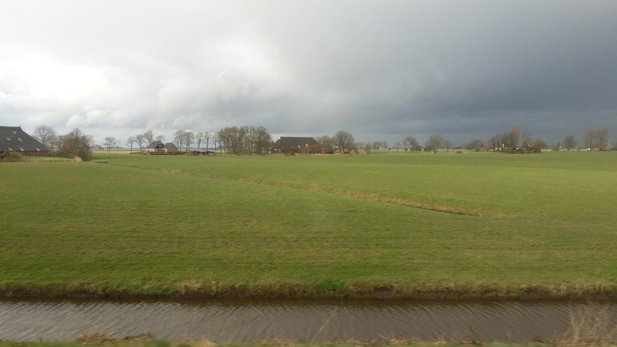 a rainy day somewhere on my commute between Groningen and Leeuwarden. Notice that fields are not delineated by fences, but rather by water-filled ditches.