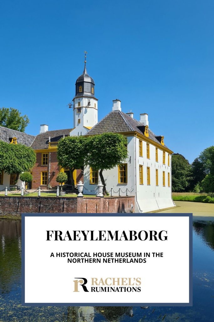 Text: Fraeylemaborg: A historical house museum in the northern Netherlands. Image: Corner view of the main house.