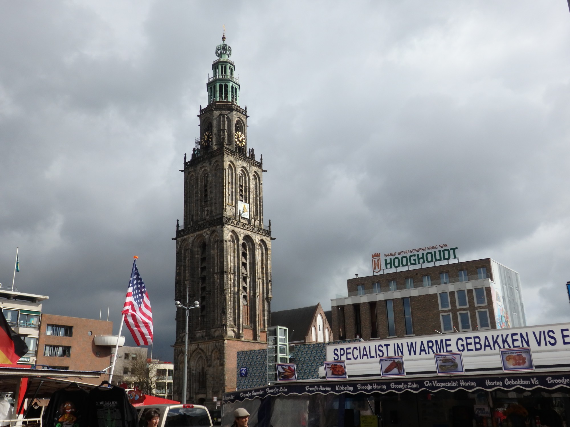 The Martinitoren rises above the clutter of market stalls on the Grote Markt in Groningen.