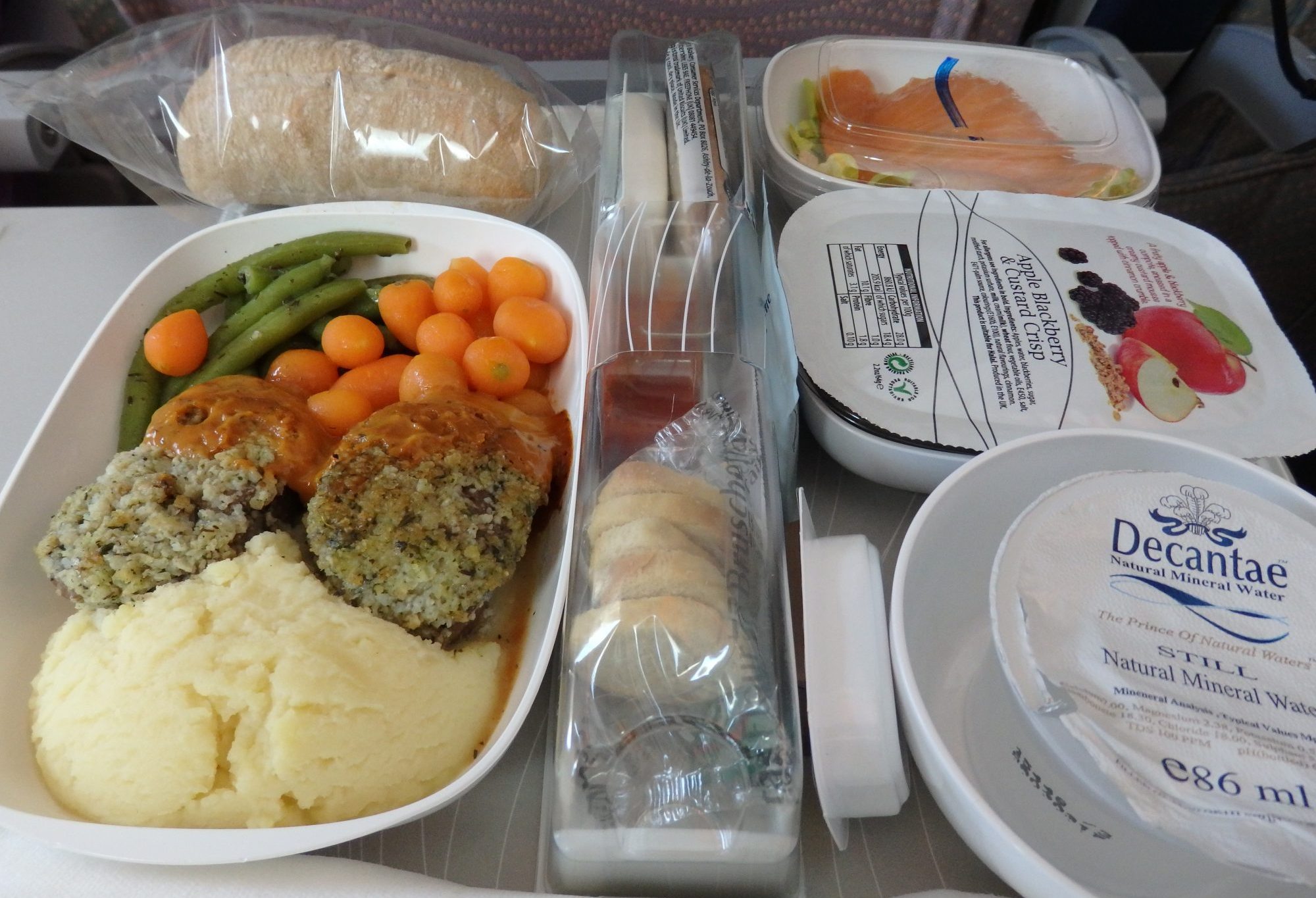 My dinner on an Emirates A380 flight. The box in the center contains snacks for later.