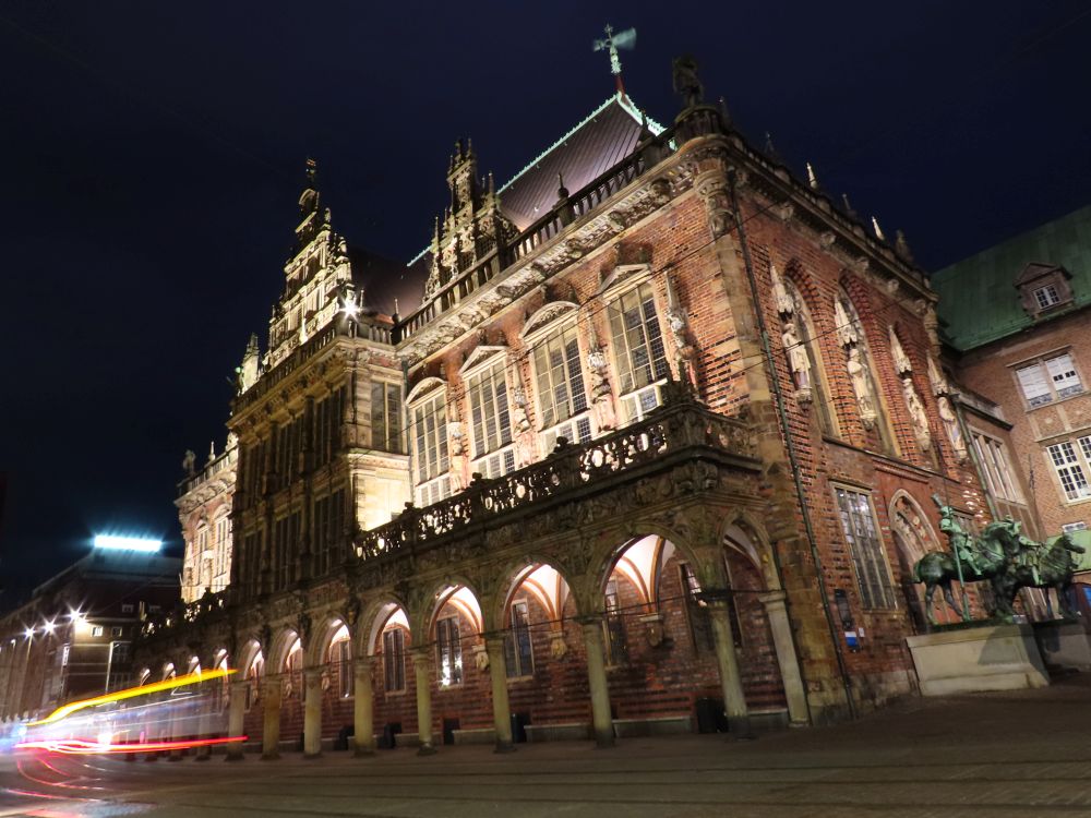 Lit up at night, the ornate Rathaus in Bremen.