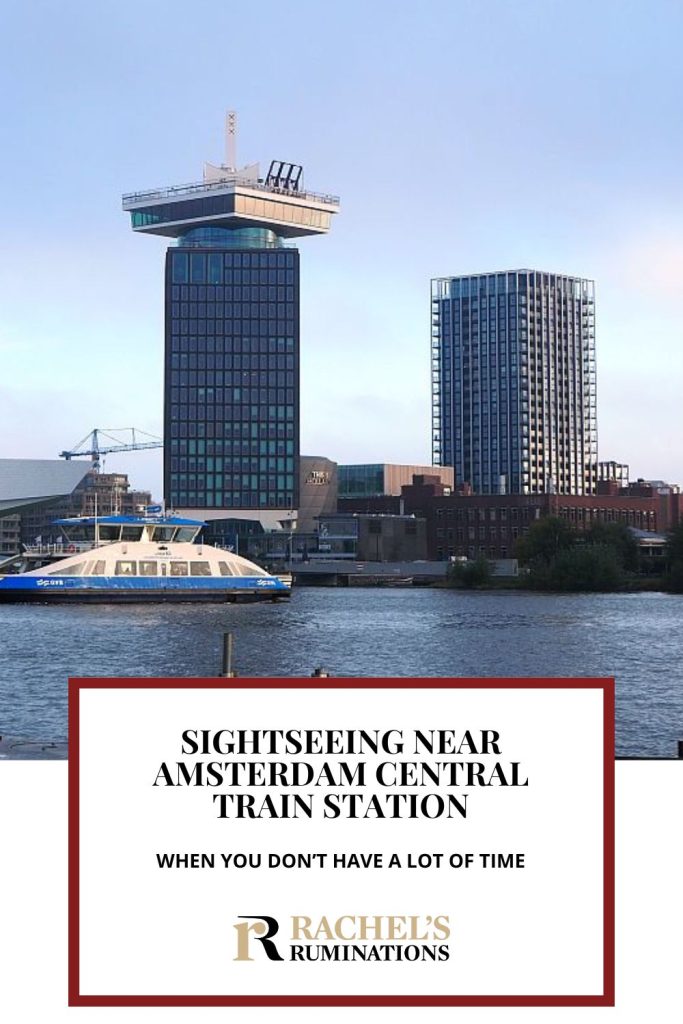 Text: Sightseeing near Amsterdam Central Train Station when you don't have a lot of time. Image: the Eye Museum and Lookout and a ferry on the river.