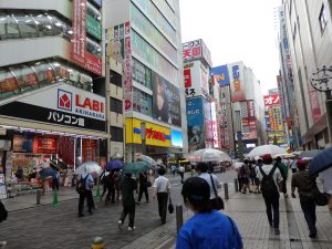 The busy Akihabara area of Tokyo on a rainy day.