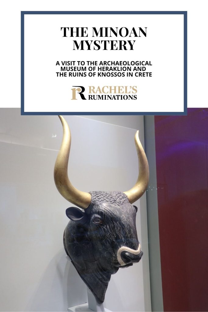 Text: The Minoan Mystery: A visit to the Archaeological Museum of Heraklion and the ruins of Knossos in Crete. Image: a bull figure in the museum.