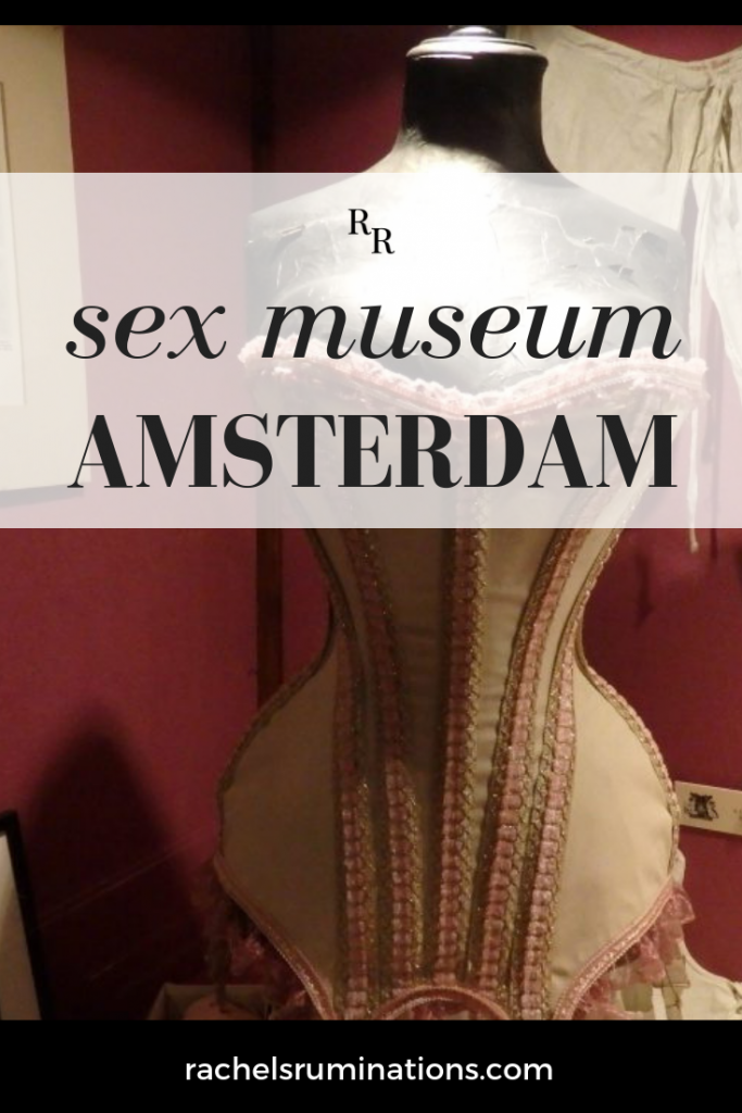 Text: Sex Museum Amsterdam. Image: a corset.