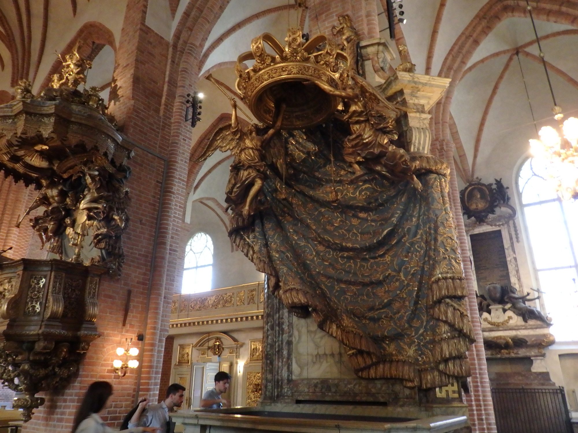 In the center, one of the royal pews in Storkyrkan. To the left: the pulpit. Stockholm, Sweden.