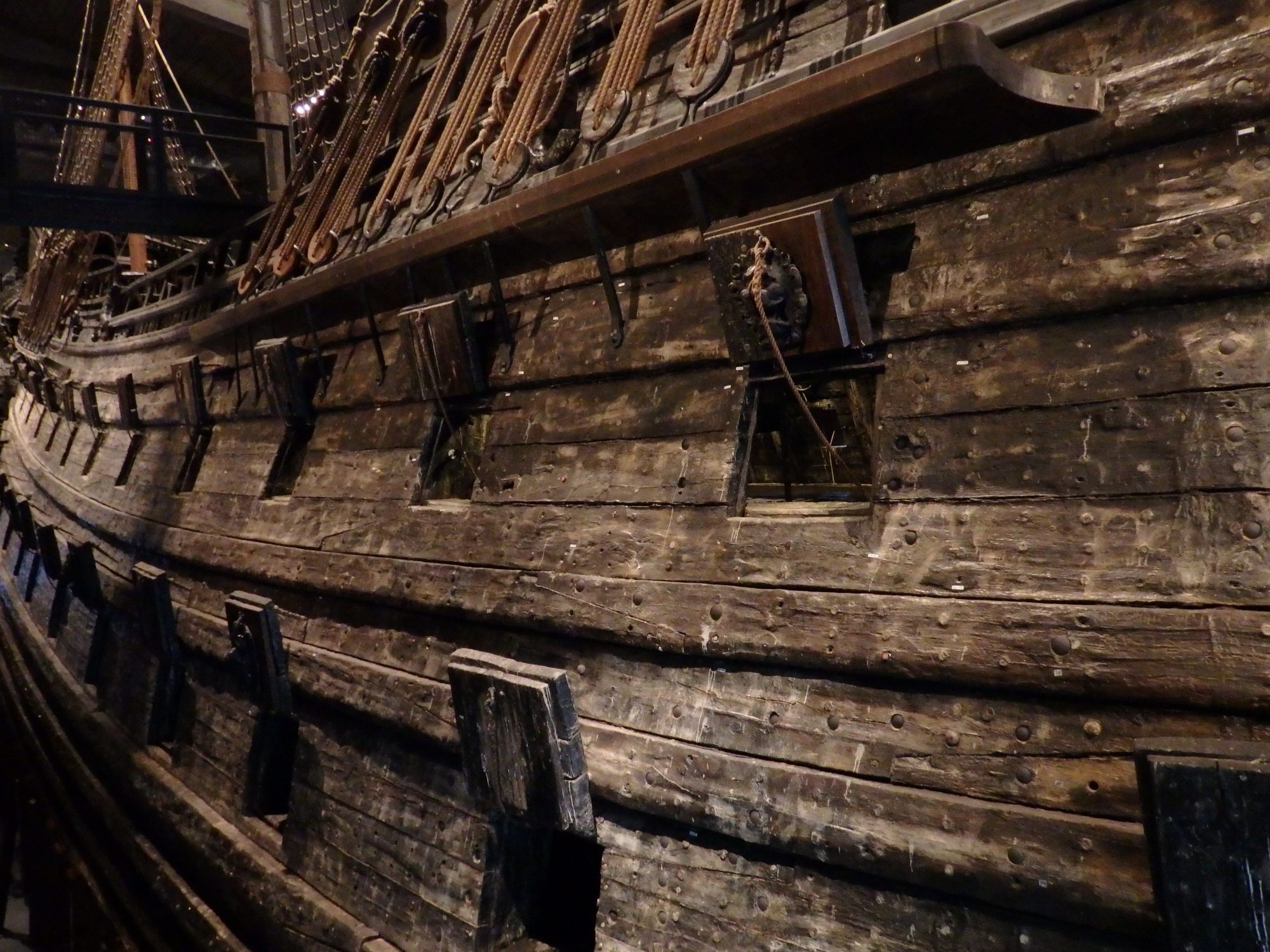 a view down the side of the Vasa showing both rows of gunports: Stockholm, Sweden