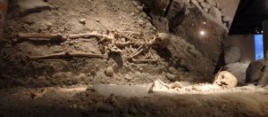 This grave was left in place inside the excavation. A mirror above the skeleton allows visitors to view it.