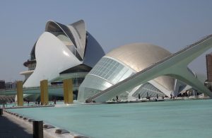 In the background, the Palau de les Arts. In front of that, the IMAX theater. At the City of Arts and Sciences in Valencia, Spain