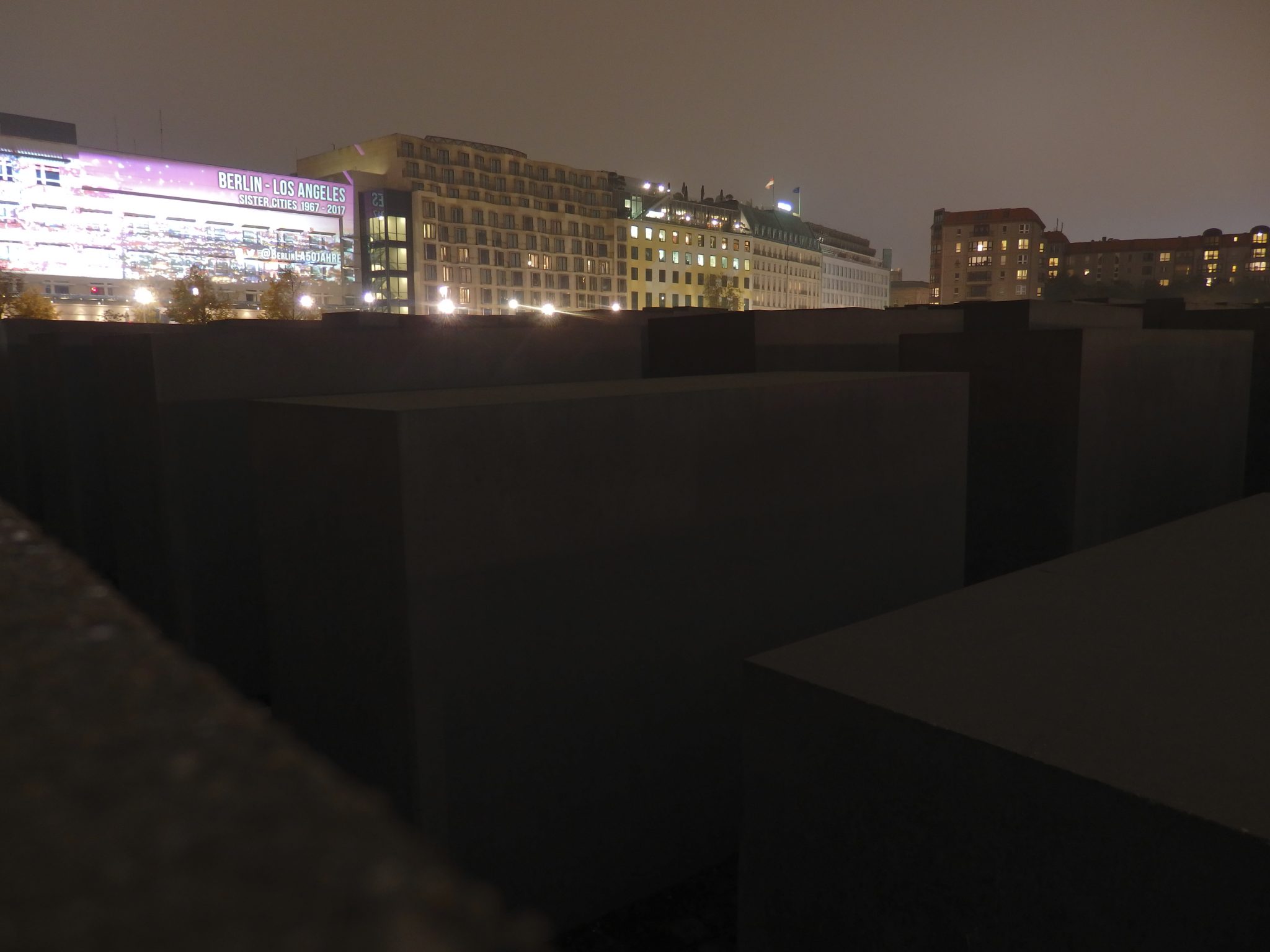 A portion of the Memorial to the Murdered Jews of Europe in Berlin as it looks at night