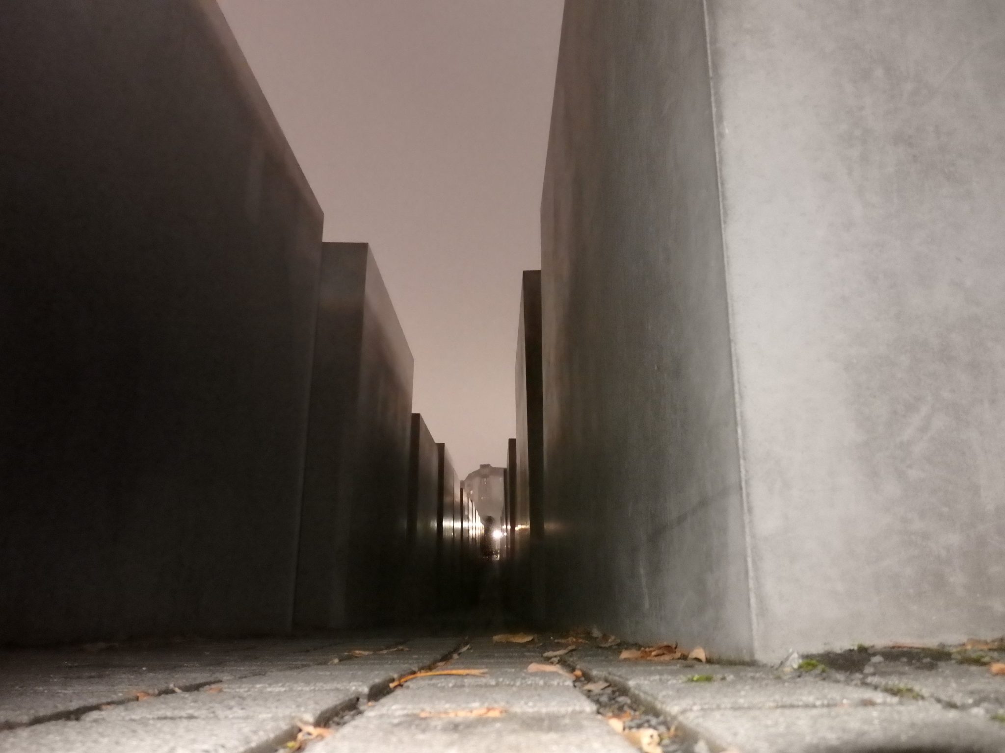 Another view of the monument at night, lit for a short distance by my camera's flash. Memorial to the Murdered Jews of Europe in Berlin