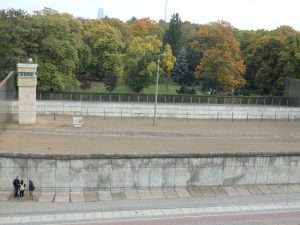 the view of the restored piece of the Berlin Wall in the Berlin Wall Memorial