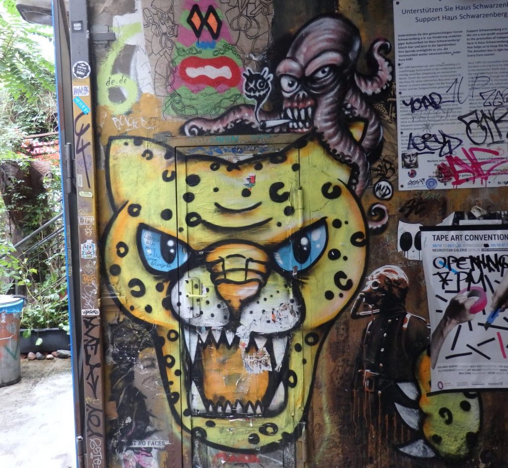 A leopard's face snarling, with an octopus on its head.