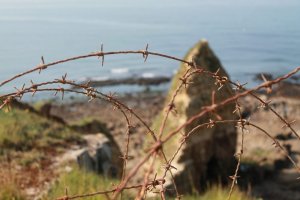 A view across a beach to the water, but what is in focus is in the foreground: a twist of barbed wire