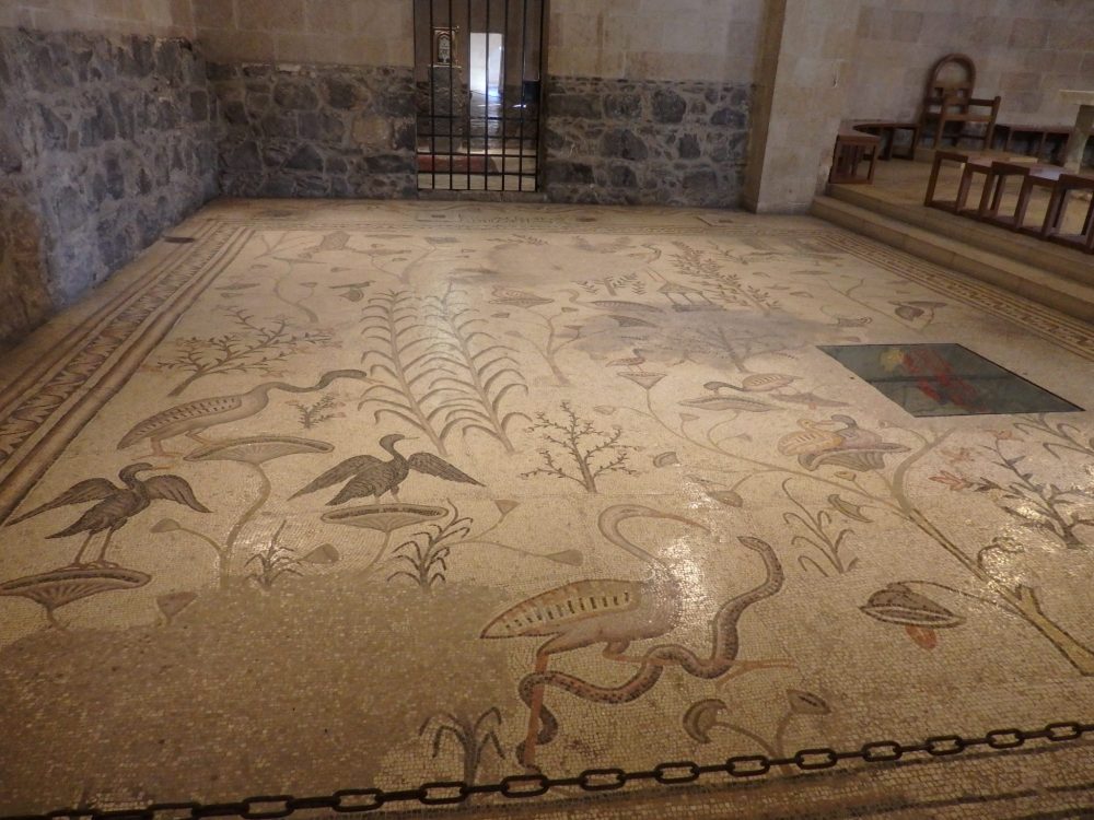 a richly decorative mosaic floor in the church at Tabgha