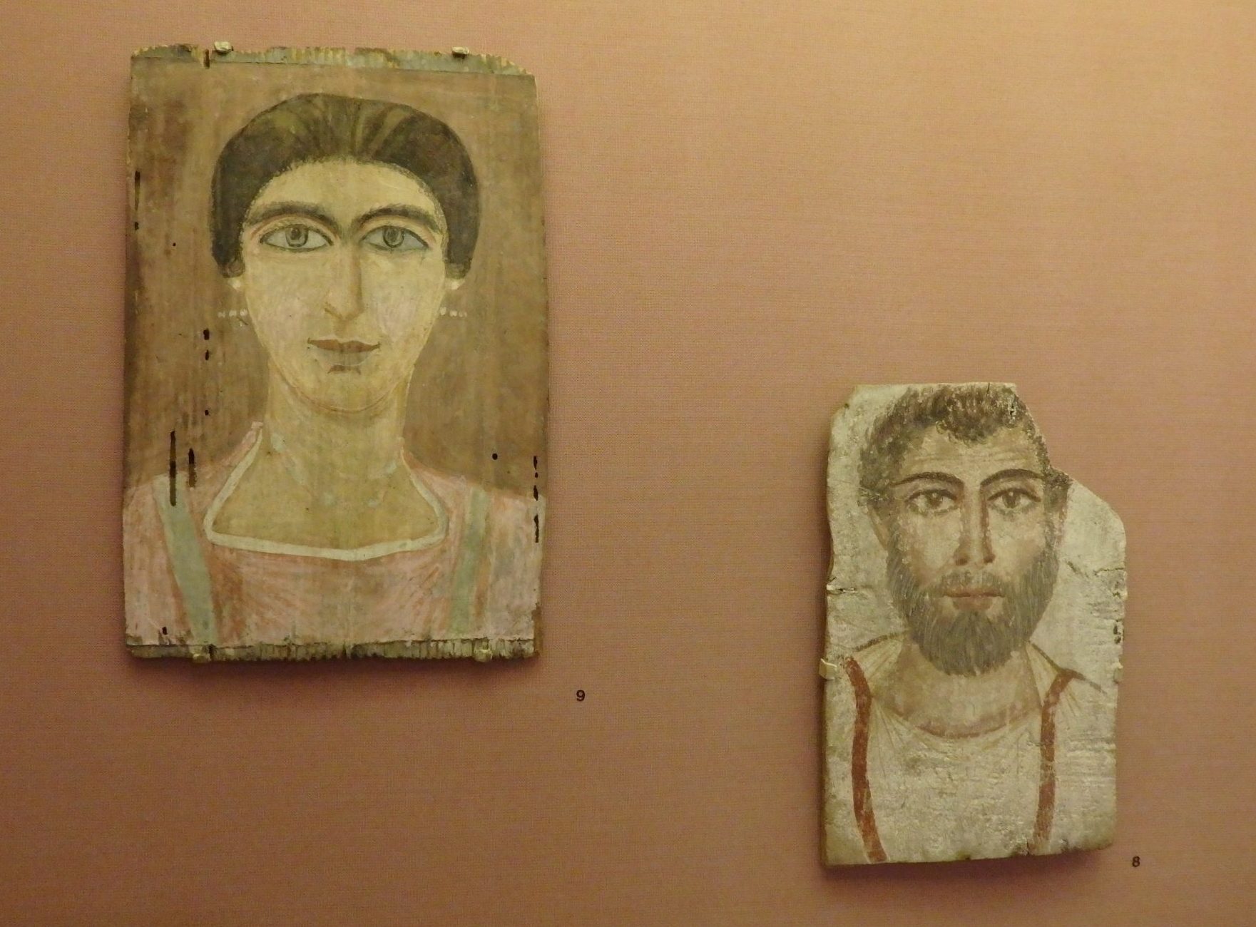 Early Christian-era mummy portraits painted on wood. The one on the right is from ca. 270-330 CE, while the left-hand portrait is from ca. 350 CE. Bible Lands Museum, Jerusalem, Israel