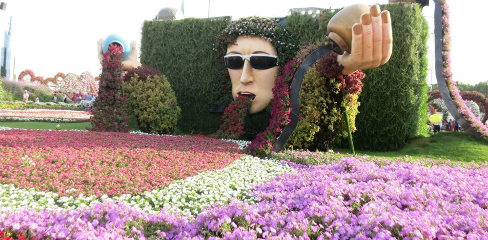 Floral display that looks like John Lennon throwing up at Dubai Miracle Garden.