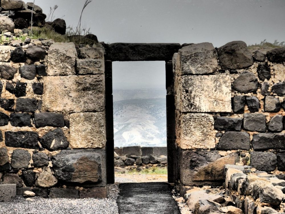 The remains of a doorway with a view at Belvoir Fortress in Israel.